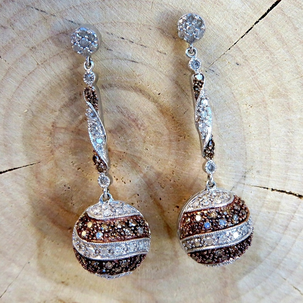 SOLD925 Genuine White & Champagne Diamond Earrings - Picture 7 of 8